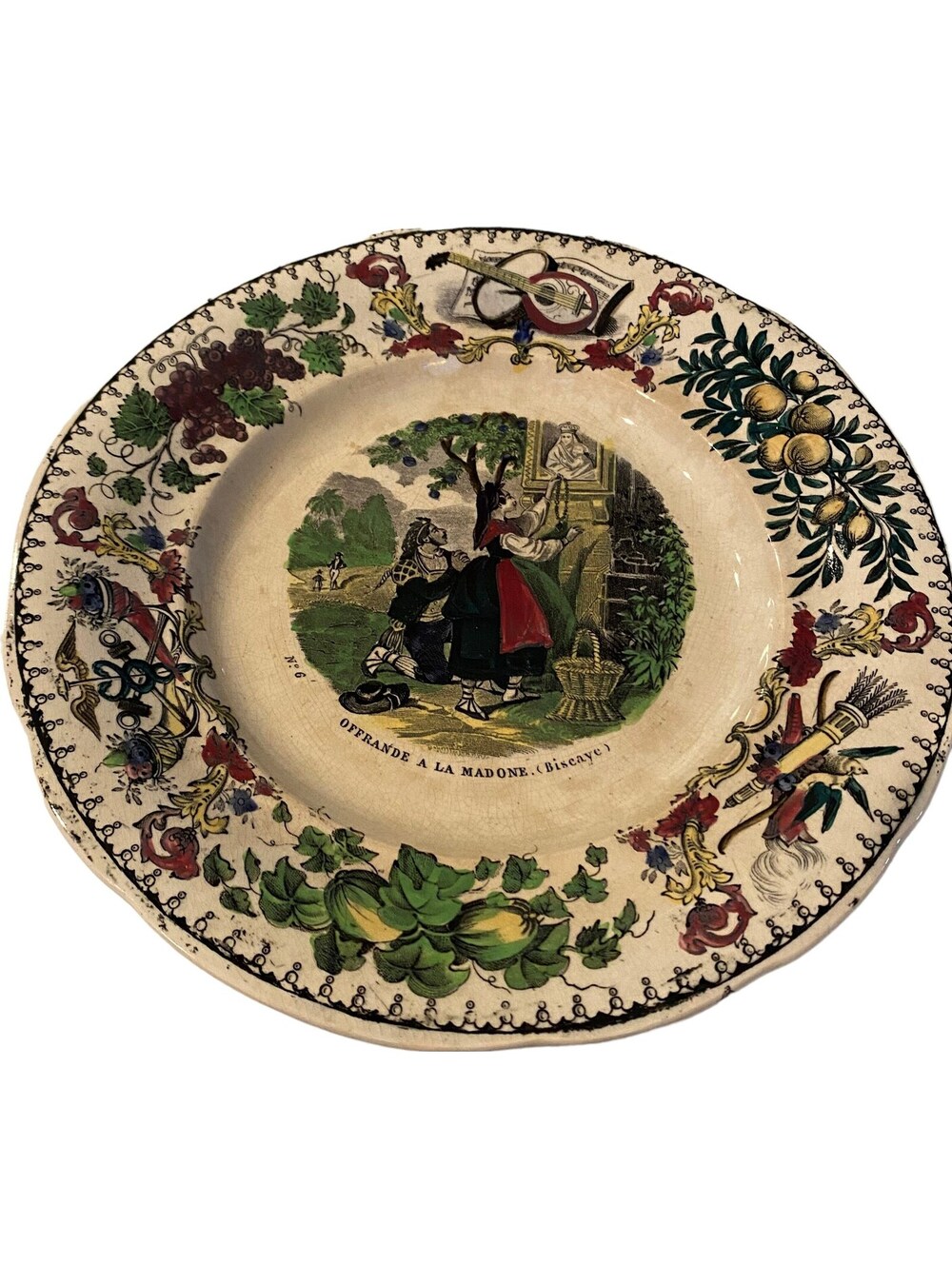 Creil Polychrome French Faience Plate Montereau Lebeuf Thibault Offrande Madone